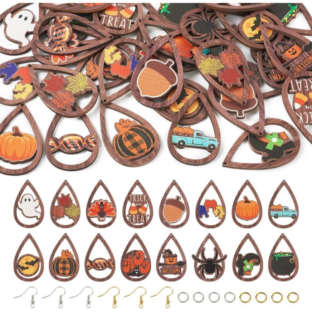 32pcs Halloween Teardrop Wooden Earring Charms Big Hollow Wood Cutouts with Pump